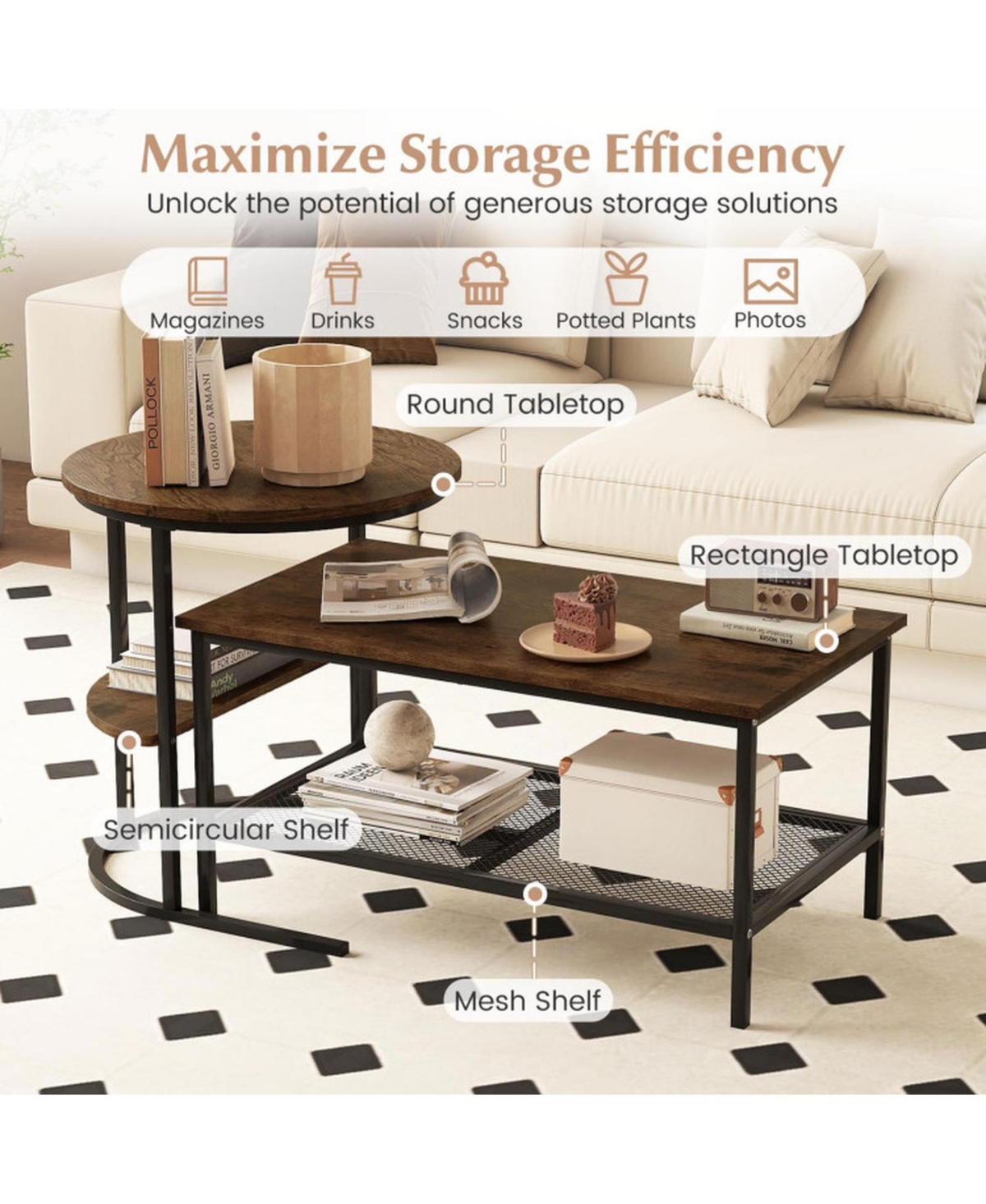 Sugift Industrial 2-Piece Faux Marble Coffee Table and End Table Set with Storage Shelves