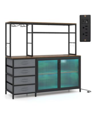 55 Inch Bar Sideboard Cabinet with RGB LED Lights Power Outlets and Wine Racks