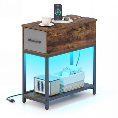 Industrial Narrow Side Table with Charging Station LED Lights and Fabric Drawer