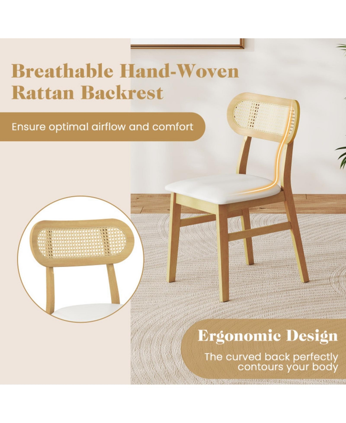 Sugift Mid Century Dining Chairs Set of 2 with Rattan Woven Backrest and Faux Leather Padded Seat