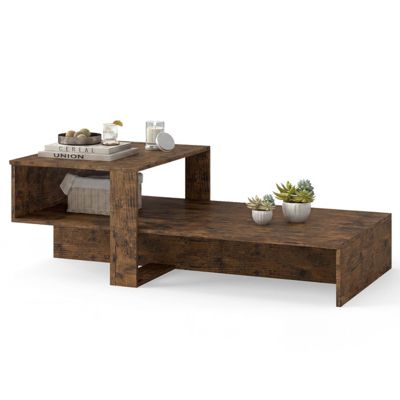 2-Tier Modern Coffee Table with Irregular Silhouette and Open Storage Shelf