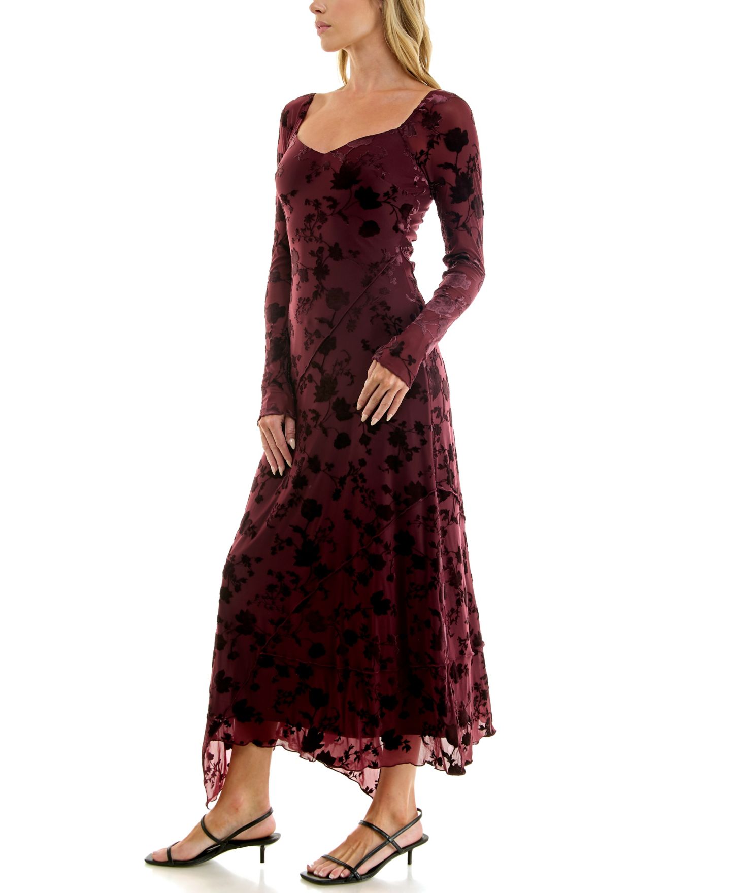 Женское платье ROW A Juniors' Long-Sleeve V-Neck Velvet-Burnout Midi, цвет: Бордовый — фото 7