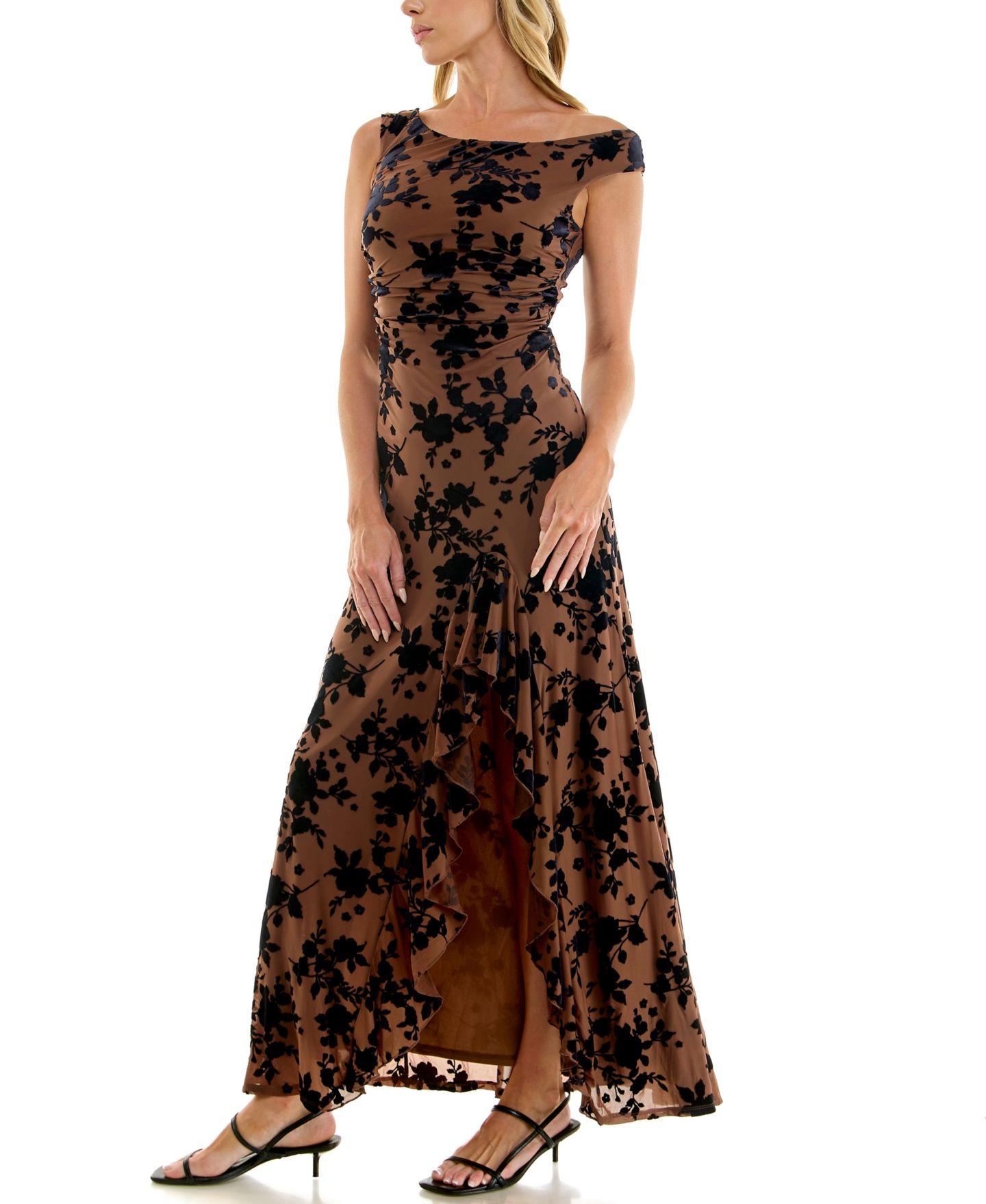 Женское платье ROW A Juniors' Velvet Burnout Off-The-Shoulder Maxi, цвет: Коричневый / Чёрный — фото 6