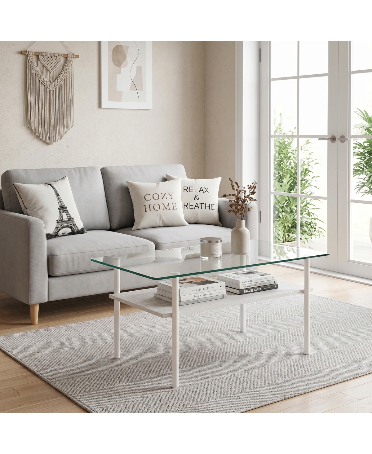 Streamdale Furniture Modern Glass Coffee Table with Wood Shelf and White Metal Legs