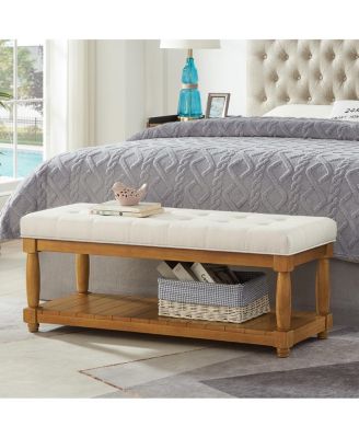 Upholstered Linen Storage Bench with Shelf and Wood Legs