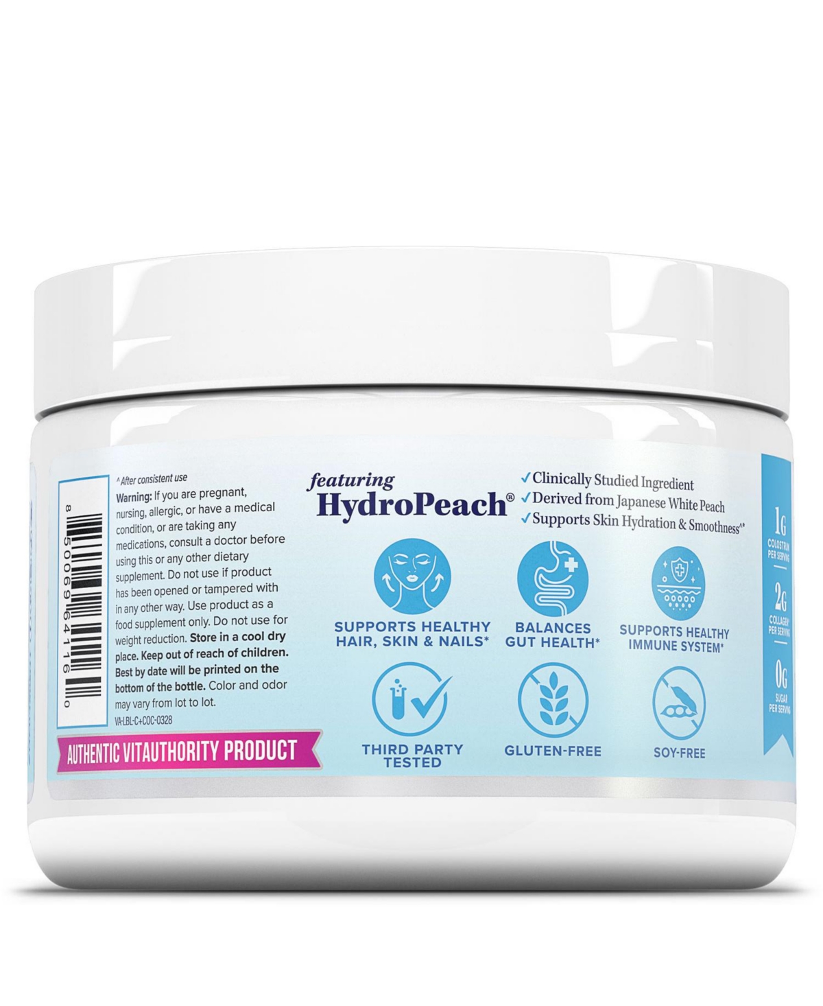 Vitauthority Colostrum Collagen Peptide Protein Powder, Hydrolyzed, HydroPeach, Gut Health, Skin and Immune Support, Unflavored, 25 Servings