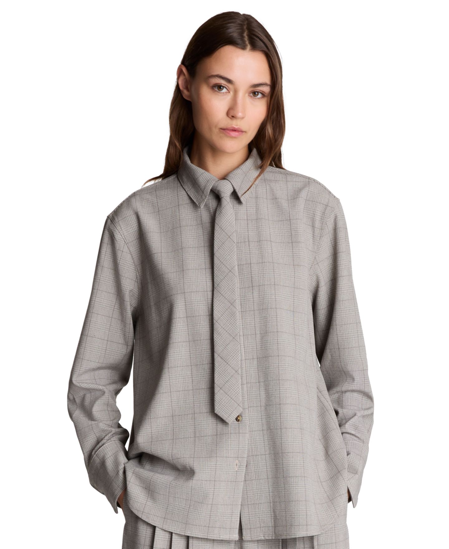 Женская рубашка Kenneth Cole Boyfriend Plaid Button Down Shirt with Tie, цвет: Светлый разноцветный — фото 2