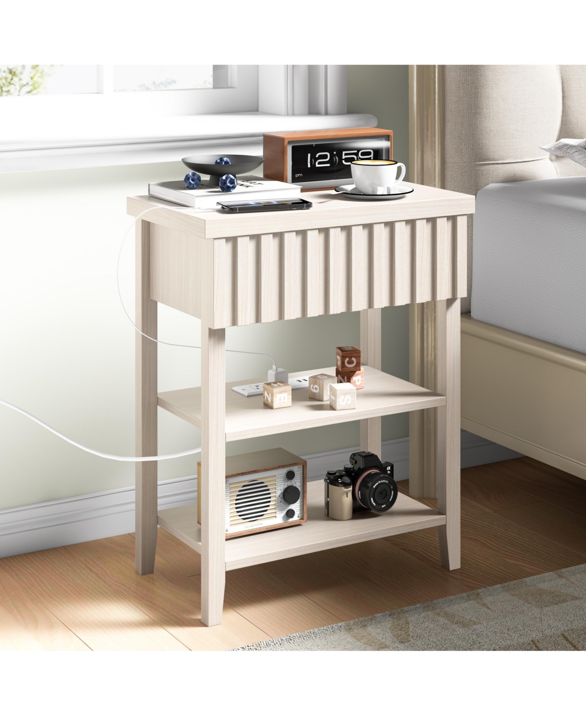 Flynama Fluted Nightstand with Charging Station