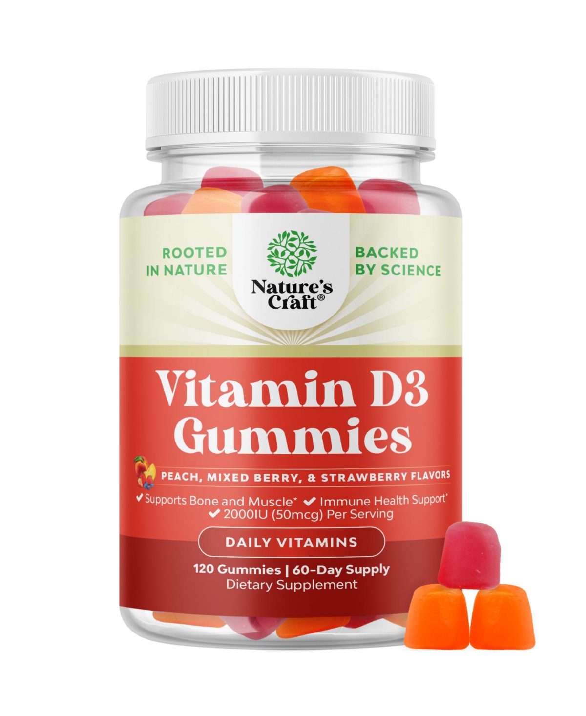 Nature's Craft Vitamin D3 Gummies Vitamin D Gummies for Adults with Vitamin D3 2000IU per Serving Bone Muscle and Immune Support 120 Count