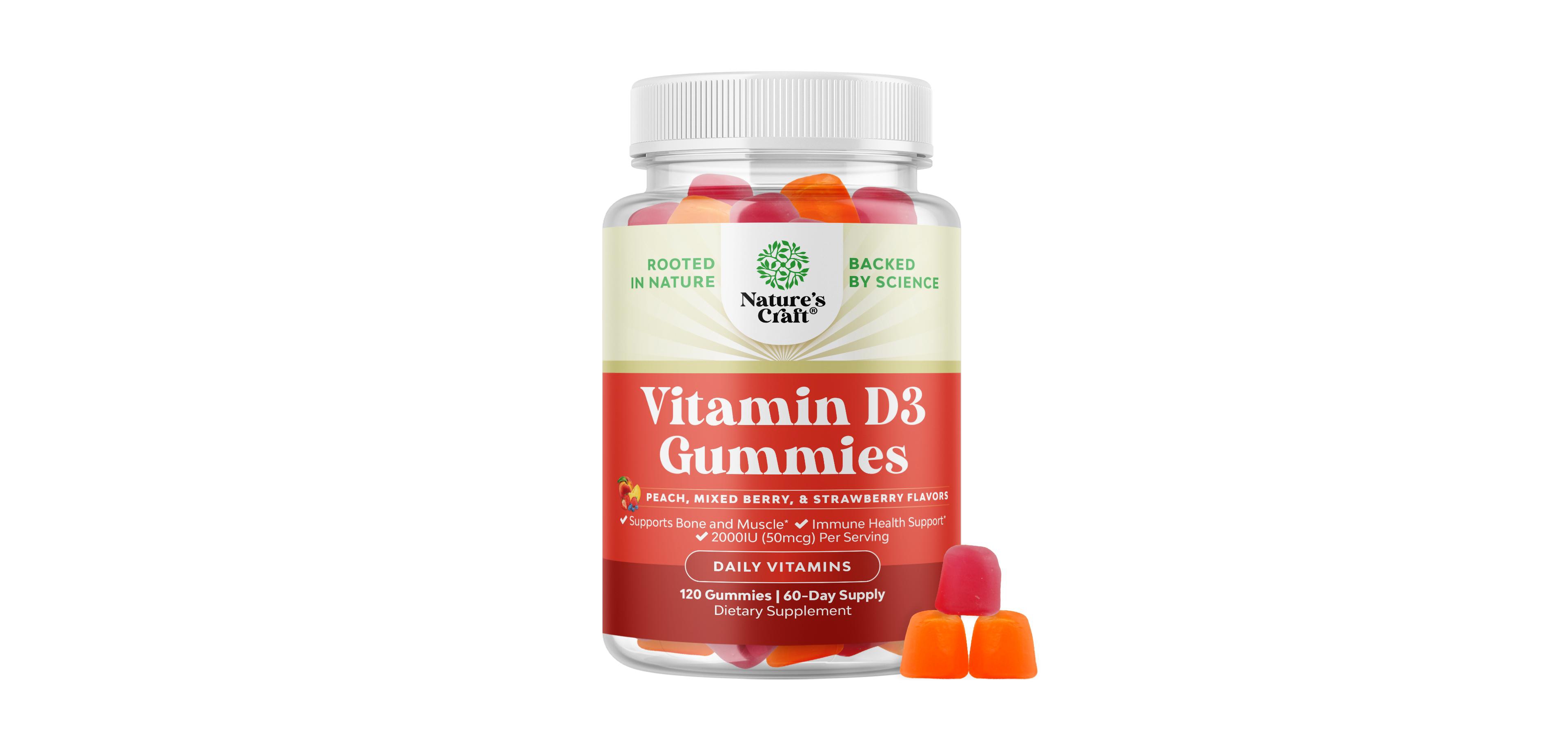 Nature's Craft Vitamin D3 Gummies Vitamin D Gummies for Adults with Vitamin D3 2000IU per Serving Bone Muscle and Immune Support 120 Count