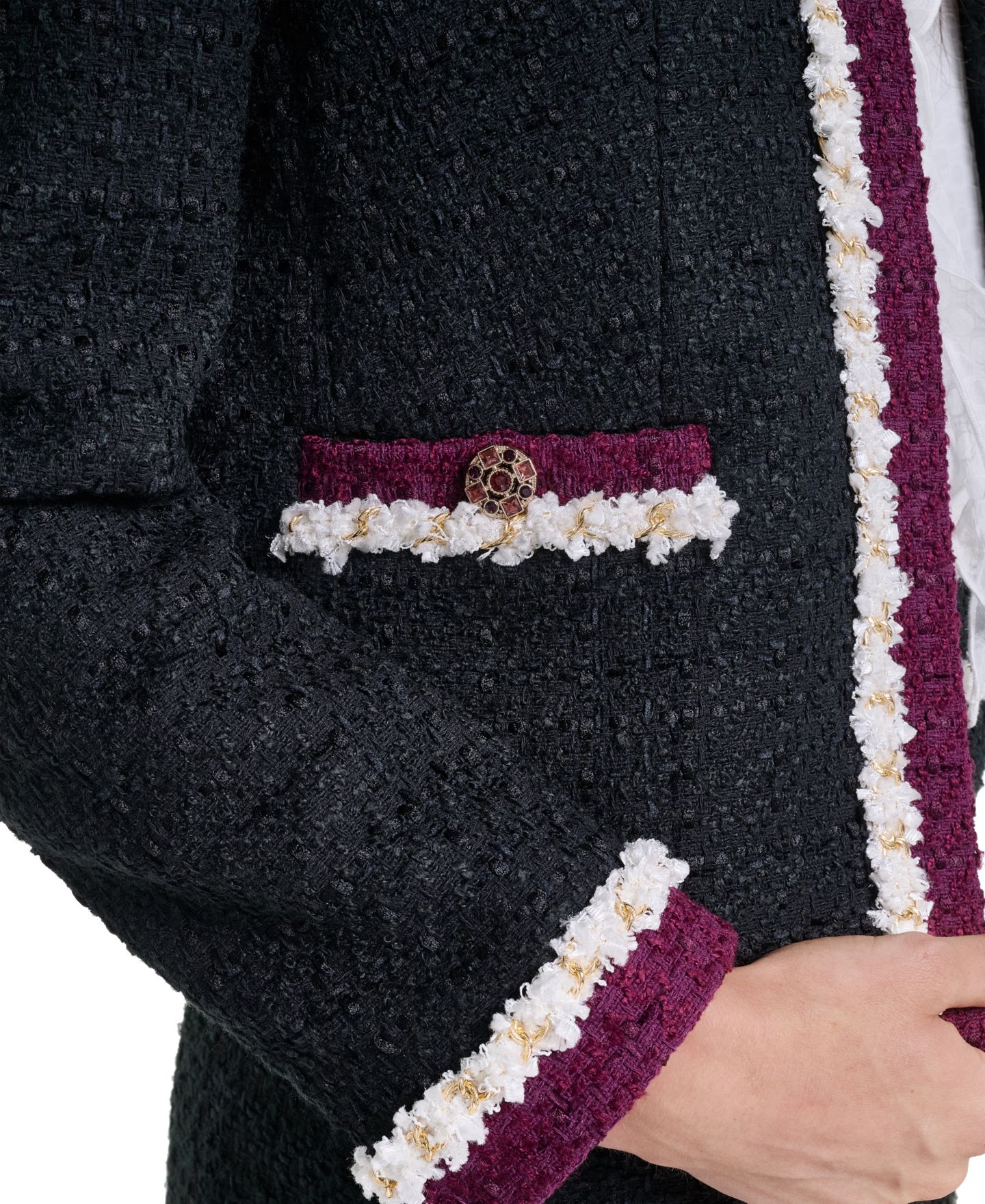 Женская куртка KARL LAGERFELD PARIS Tweed Cropped Fringe-Trim, цвет: Чёрный / Вишнёвый — фото 8
