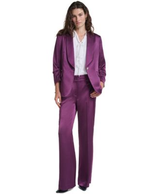 Women's Ruched 3/4-Sleeve Shawl Collar Blazer, Sleeveless V-Neck Dotted Blouse and High-Waisted Wide-Leg Pants