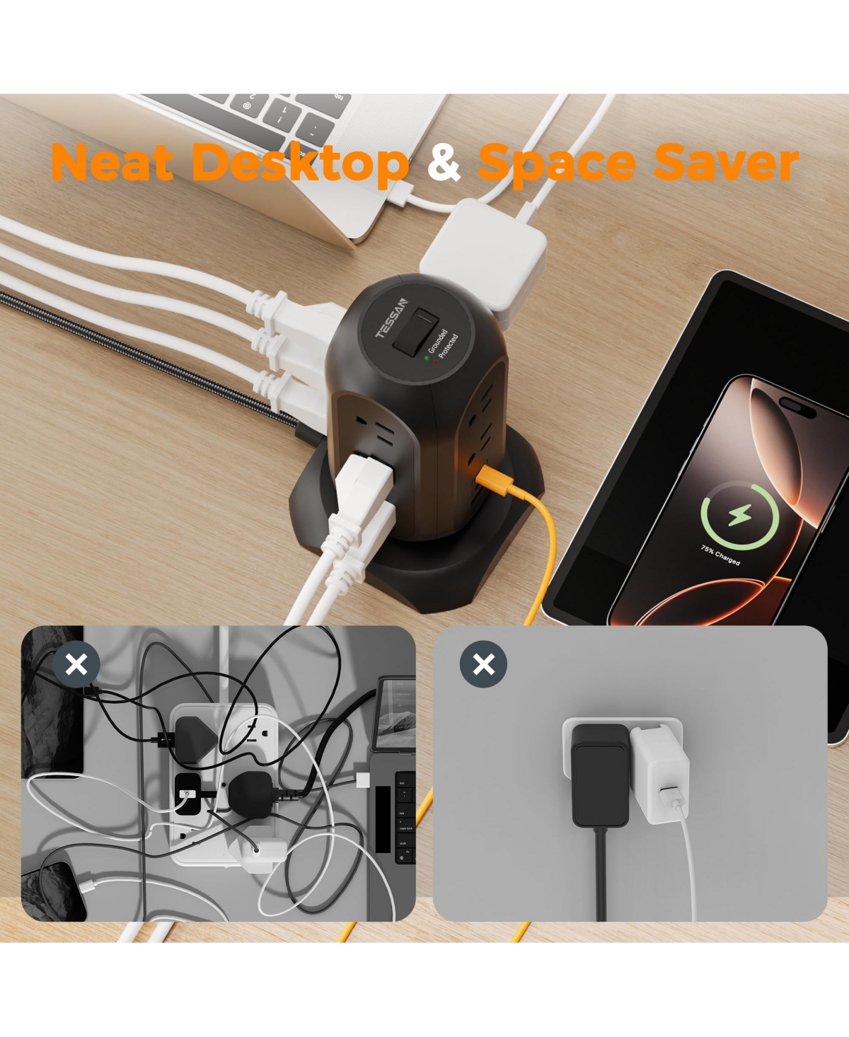 Tessan 14-in-1 Tower Power Strip, 11 Ac Outlets + 3 Usb Ports, 20W Usb-c, 1500J Surge Protection, 6 ft Cord for Home and Office