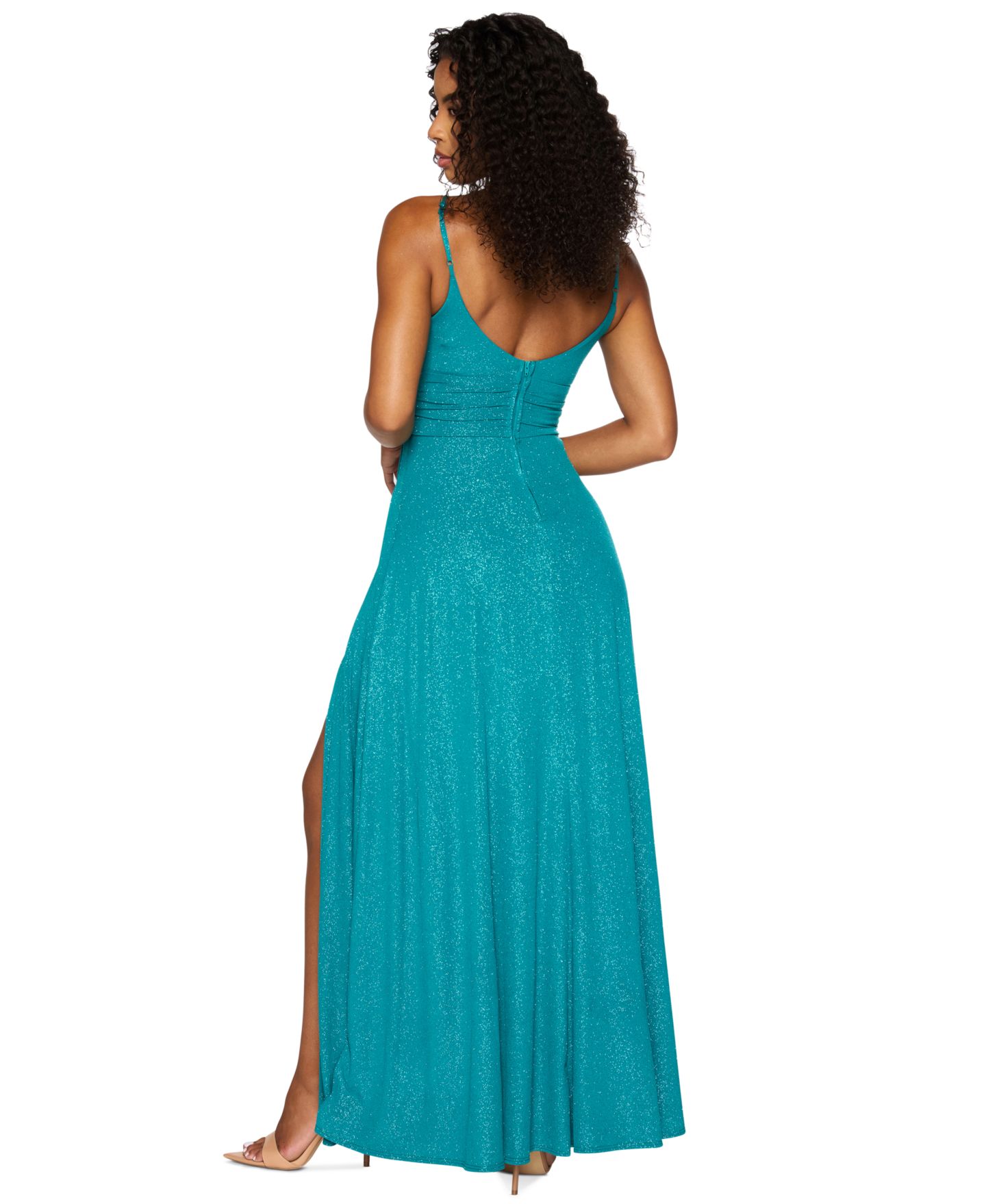 Женские платья B Darlin Juniors' Glitter Ruched-Bodice Front-Slit Gown, цвет: Deep Lake — фото 3