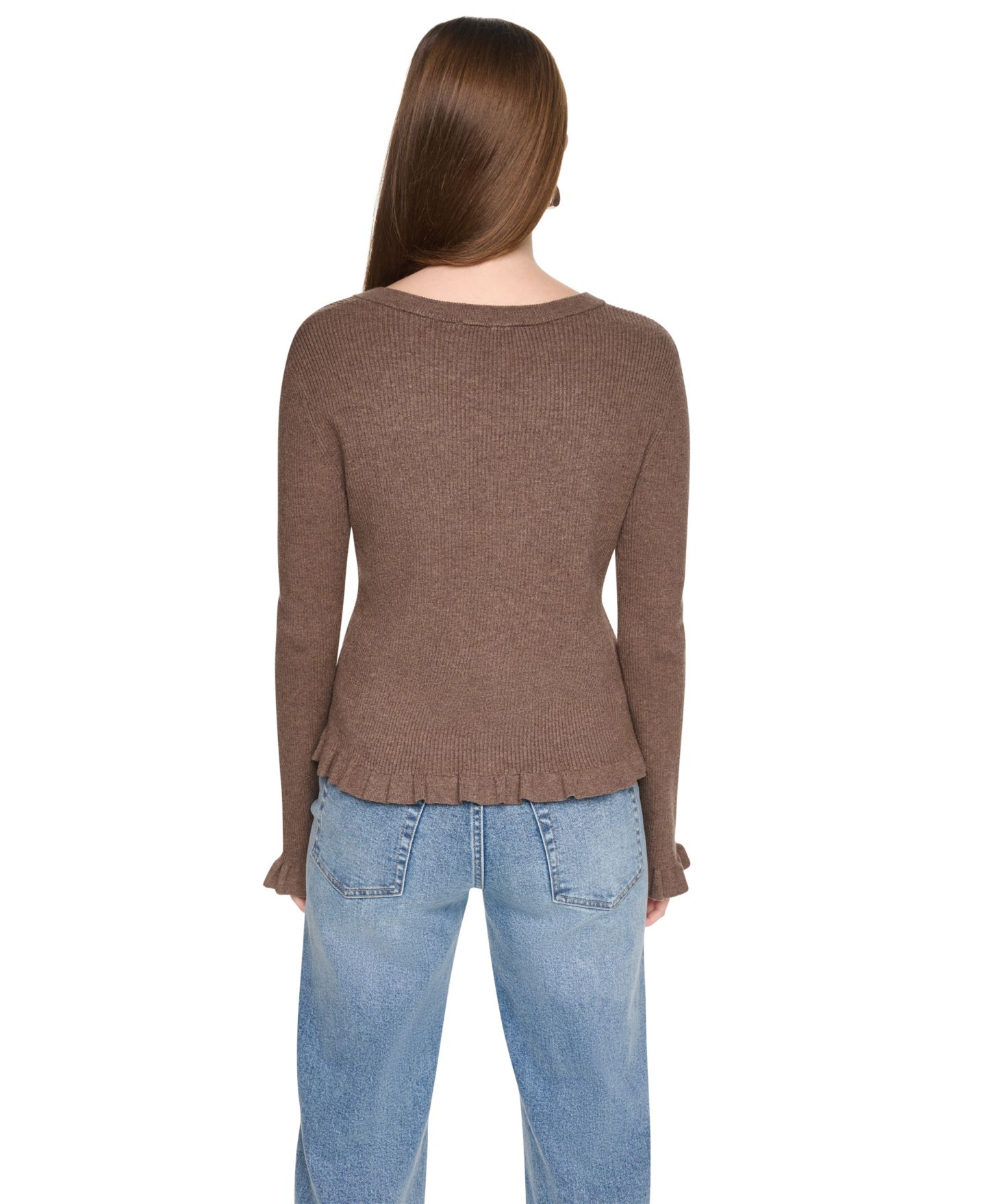 Женский кардиган DKNY Jeans Petite Ribbed Knit Ruffle Trim, цвет: Карамельный меланжевый — фото 5