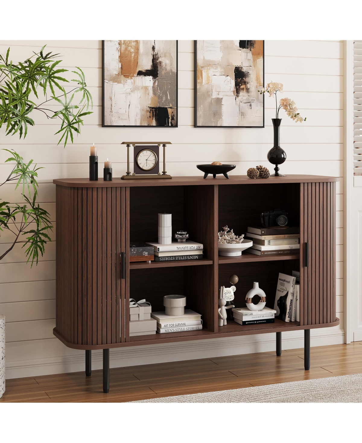 Vabches Buffet Sideboard Storage Cabinet, Fluted Credenza with Sliding Doors and Adjustable Shelves