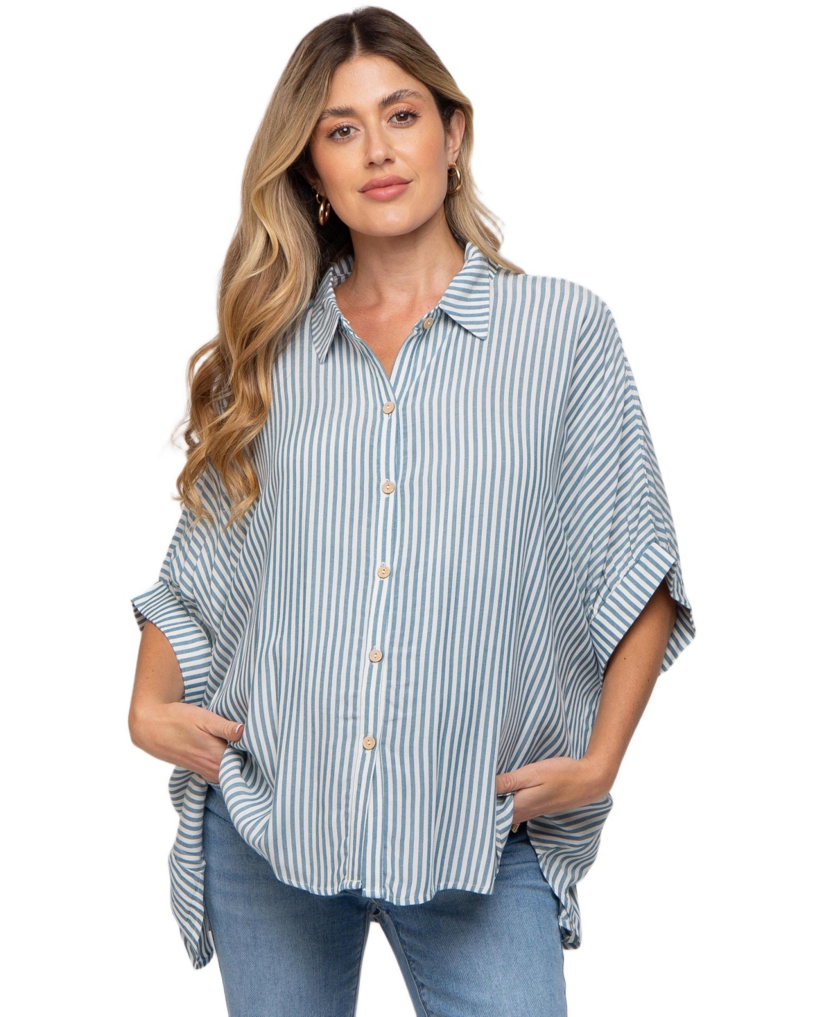 Teal Striped Button Up Dolman Maternity Top - Small/Medium