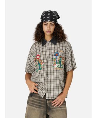 Women's Short-Sleeve Plaid Embroidered Button-Down Shirt