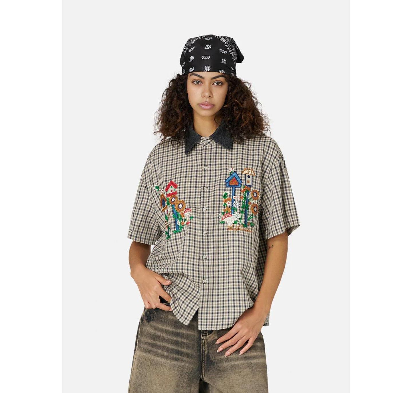 Женская рубашка AELFRIC EDEN Short-Sleeve Plaid Embroidered Button-Down, цвет: Чёрный — фото 1
