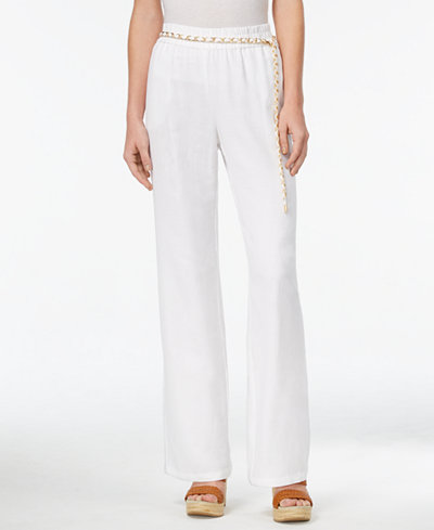 JM Collection Petite Linen-Blend Pull-On Pants with Chain Belt, Only at Macy's