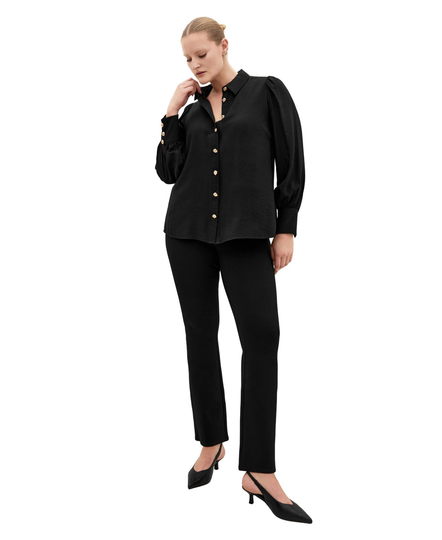 Женская блузка CITY CHIC Plus Size Alana Long-Sleeve Collared Button-Detail Blouse, цвет: Чёрный — фото 3