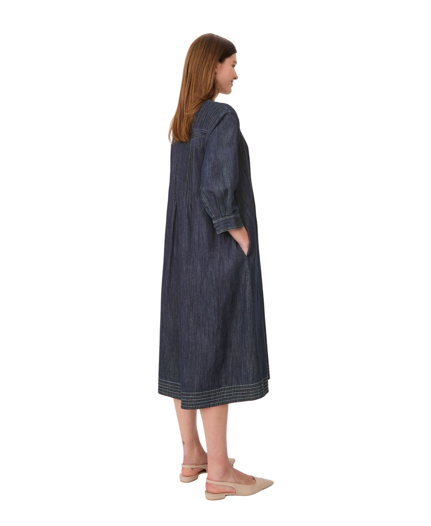 Женское платье Masai Copenhagen MaNakillaia Mandarin Collar 3/4-Sleeve A-Line Midi, цвет: Тёмный джинсовый — фото 2