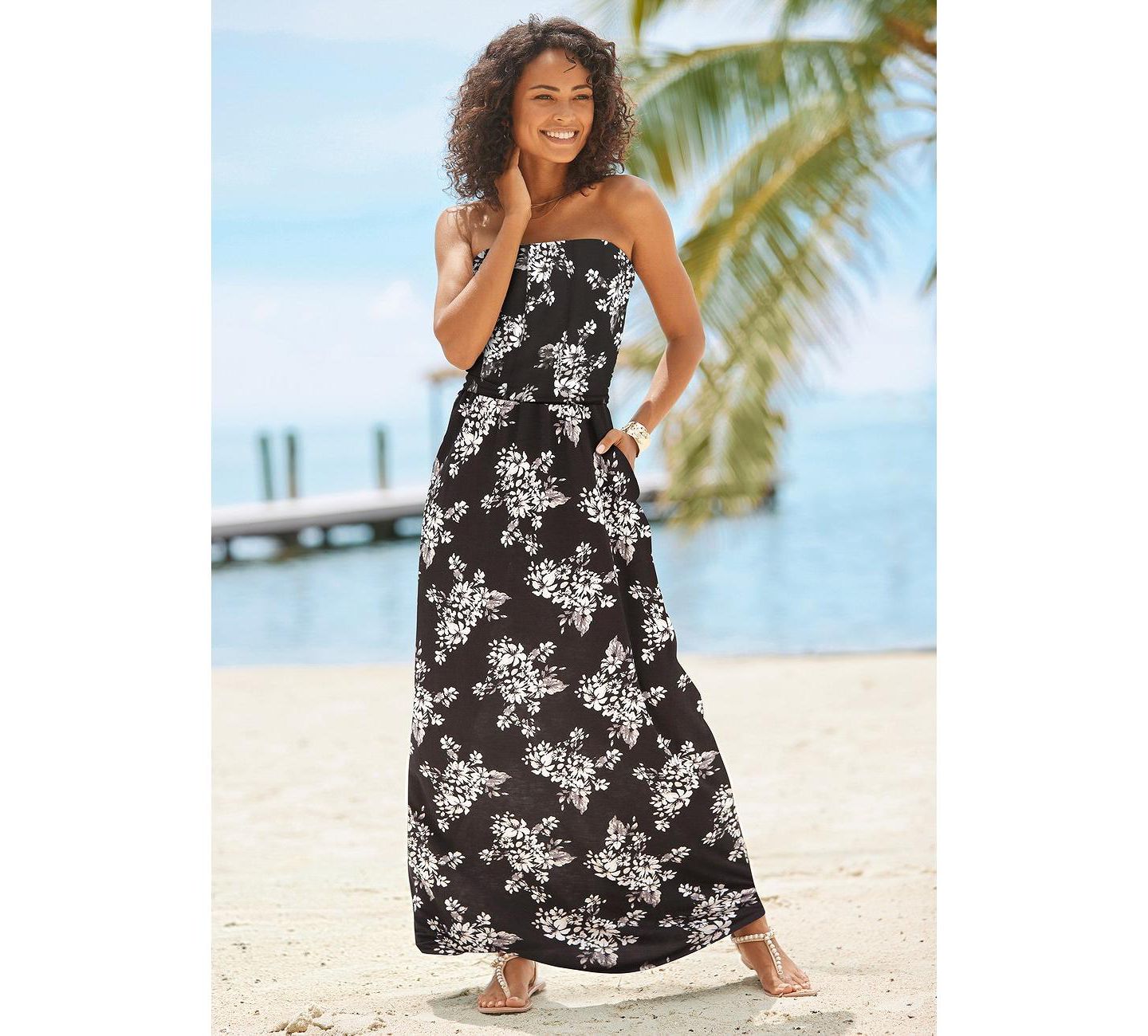 Женское платье LASCANA Viscose Printed Strapless Column Bandeau Maxi, цвет: Чёрный / Молочный — фото 2