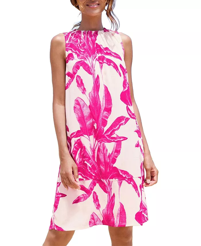 Women's Viscose Tropical Print Ruffle-Trim Shift Short Dress