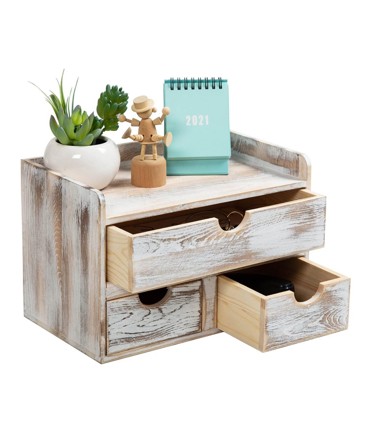 Danrong 3 Tier Wood Desk Organizer With Drawers Multi Use Storage For Office Supplies And Vanity - Vintage white