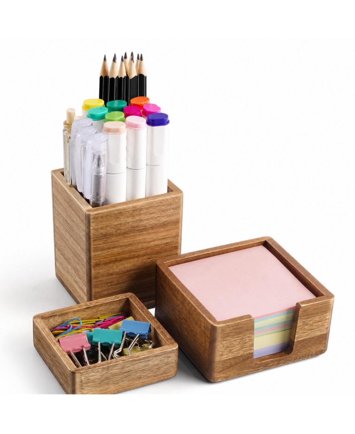 Danrong Natural Wood Desk Organizer Set Pen Holder Clip Holder Sticky Note Holder