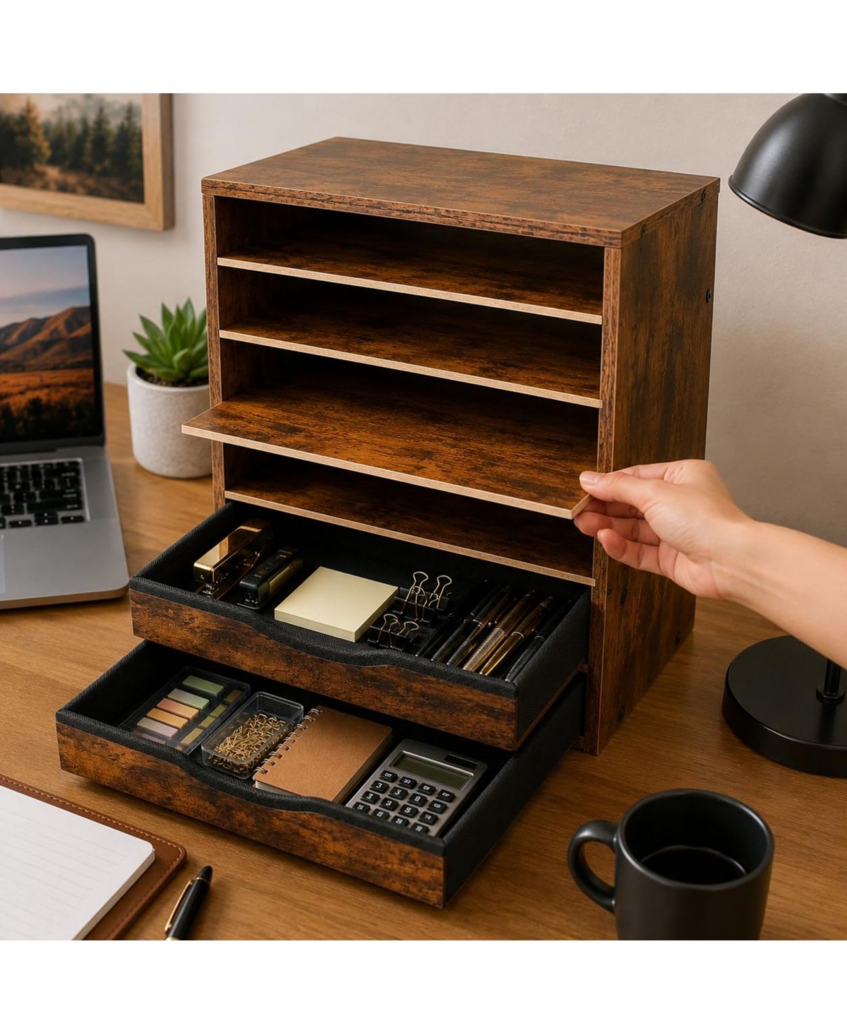 Danrong Brown Wooden 6 Tier Adjustable Desk Organizer With 2 Drawers For Home Office Classroom