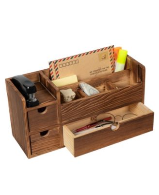Deep Roast Solid Wood Desktop Organizer 3 Drawers Multi Compartment Storage