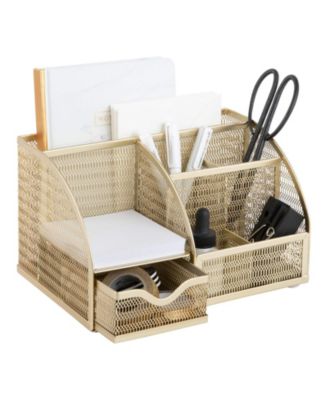 Metal Desktop Organizer With Drawer Six Compartments Office Supplies Storage