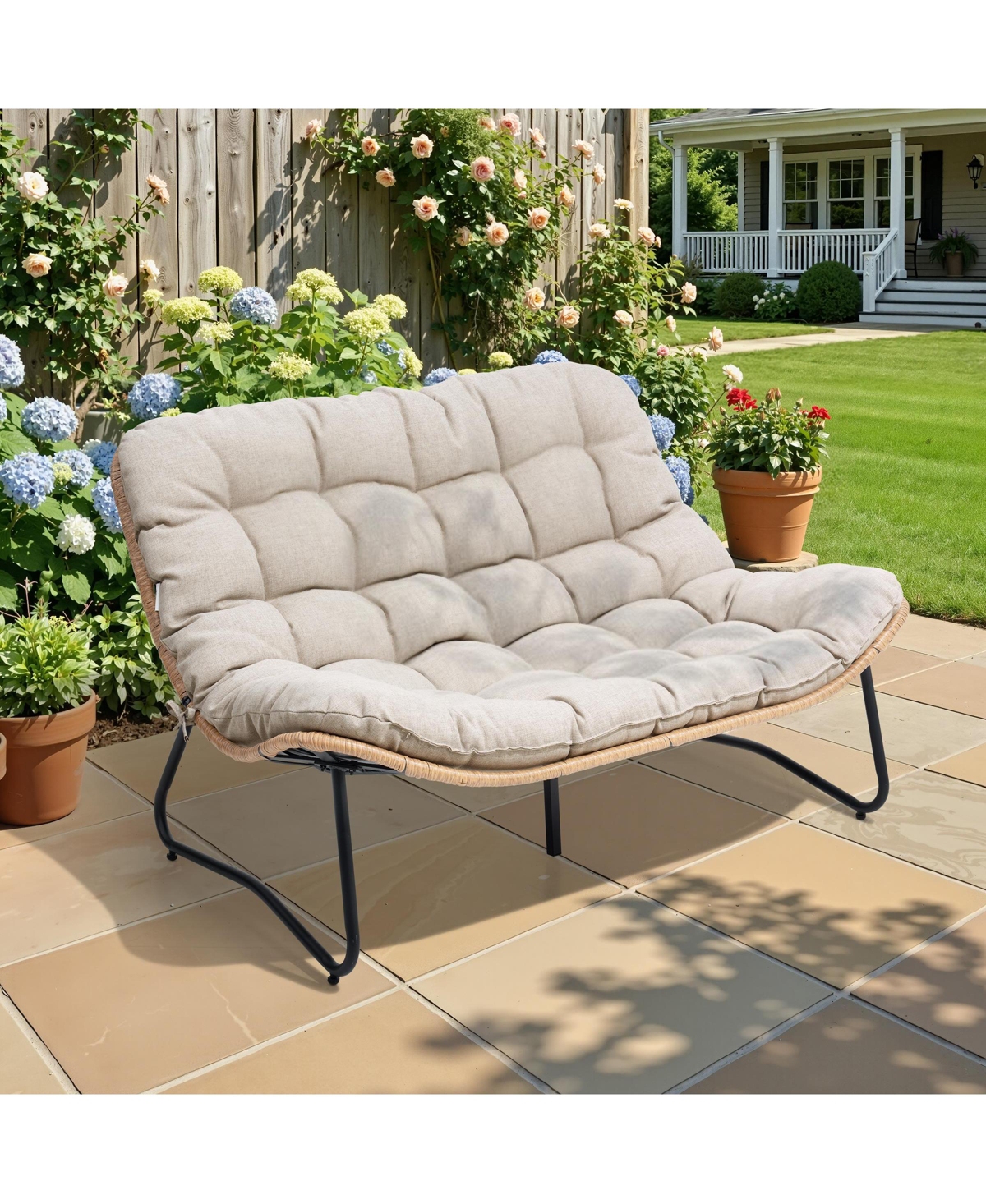 Pellebant Outdoor Loveseat, 2 Seater Couch with Soft Cushion, All-Weather Boho Rattan Patio Furniture for Balcony