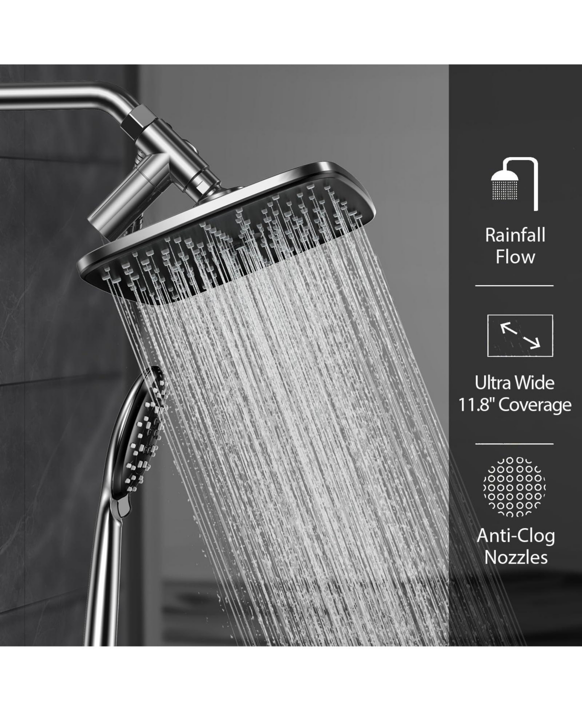 Cyqbd 11.8" Rain Shower Head Handheld Dual 5 Modes Hose