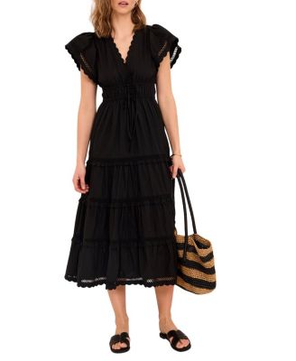 Women's V-Neck Short-Sleeve Ruffle Cotton Maxi Dress