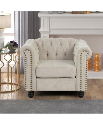 Linen Chesterfield Armchair for Living Room Button Tufted Accent Chair with Cushion