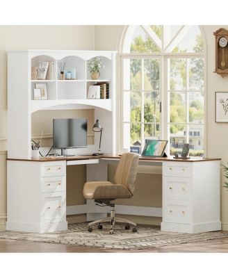 L-Shaped Farmhouse Walnut Computer Desk with Hutch and Charging Station