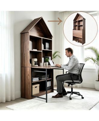 Folding Craft Desk with Storage Shelves and Bookshelf Convertible