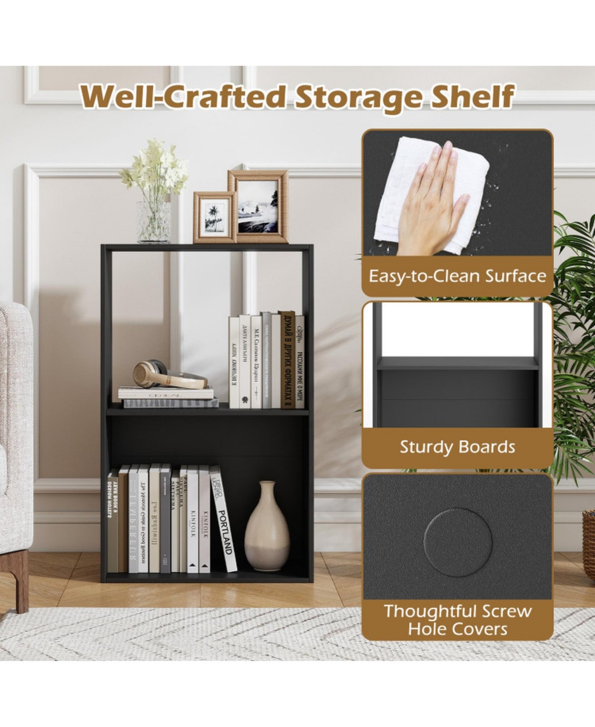 Sugift Set of 2 3-Tier Bookshelves with Open Storage Compartments Freestanding Display Shelving Units