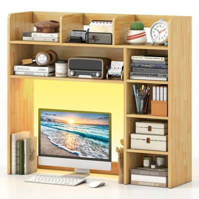 Desktop Bookshelf with LED Lights 35.5 Inch Desk Hutch Storage Organizer and Remote Control