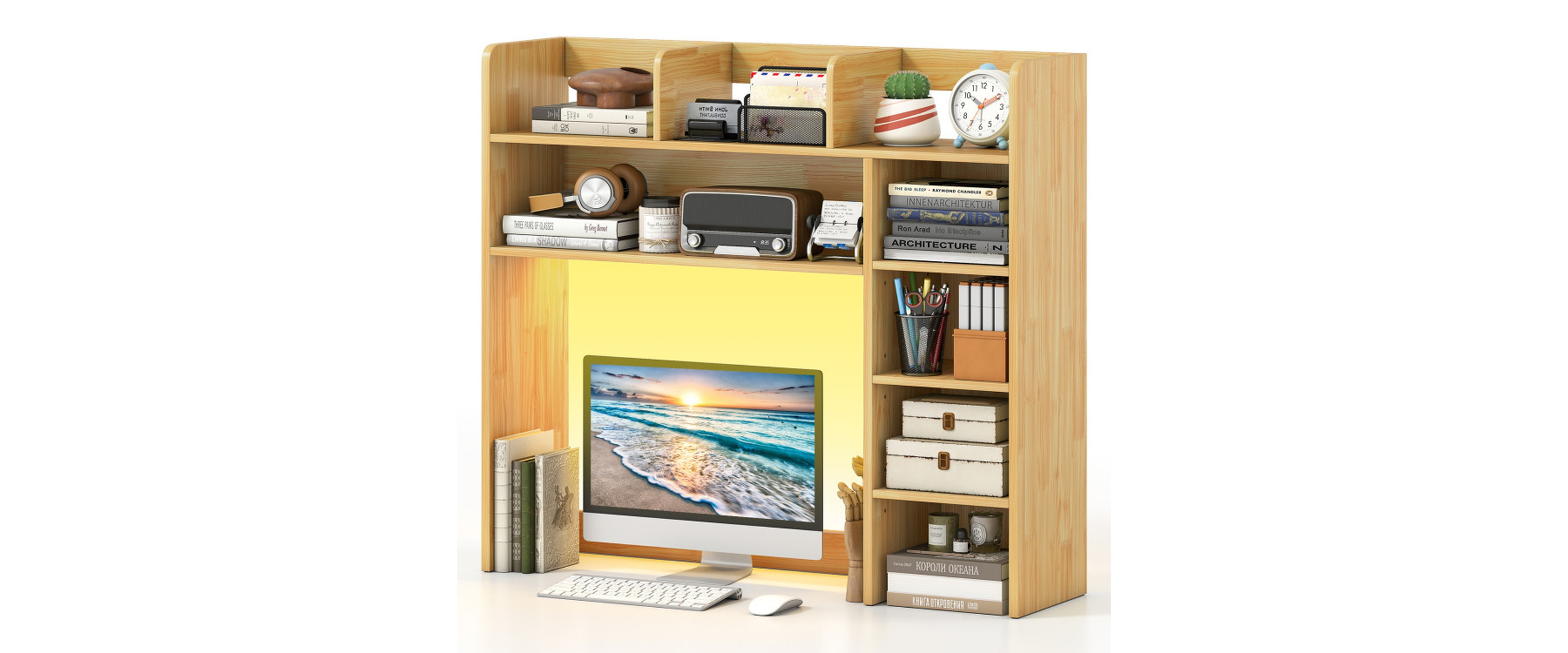 Sugift Desktop Bookshelf with Led Lights 35.5 Inch Desk Hutch Storage Organizer and Remote Control
