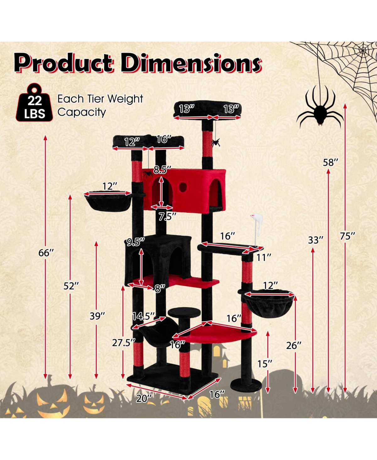 Gymax Gothic Cat Tree 75'' Extra Large Cat Tower with 2 Plush Perches 2 Condos Hammock