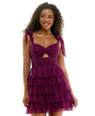 Juniors' Knot Front Tie Shoulder Tier Skirt Dress