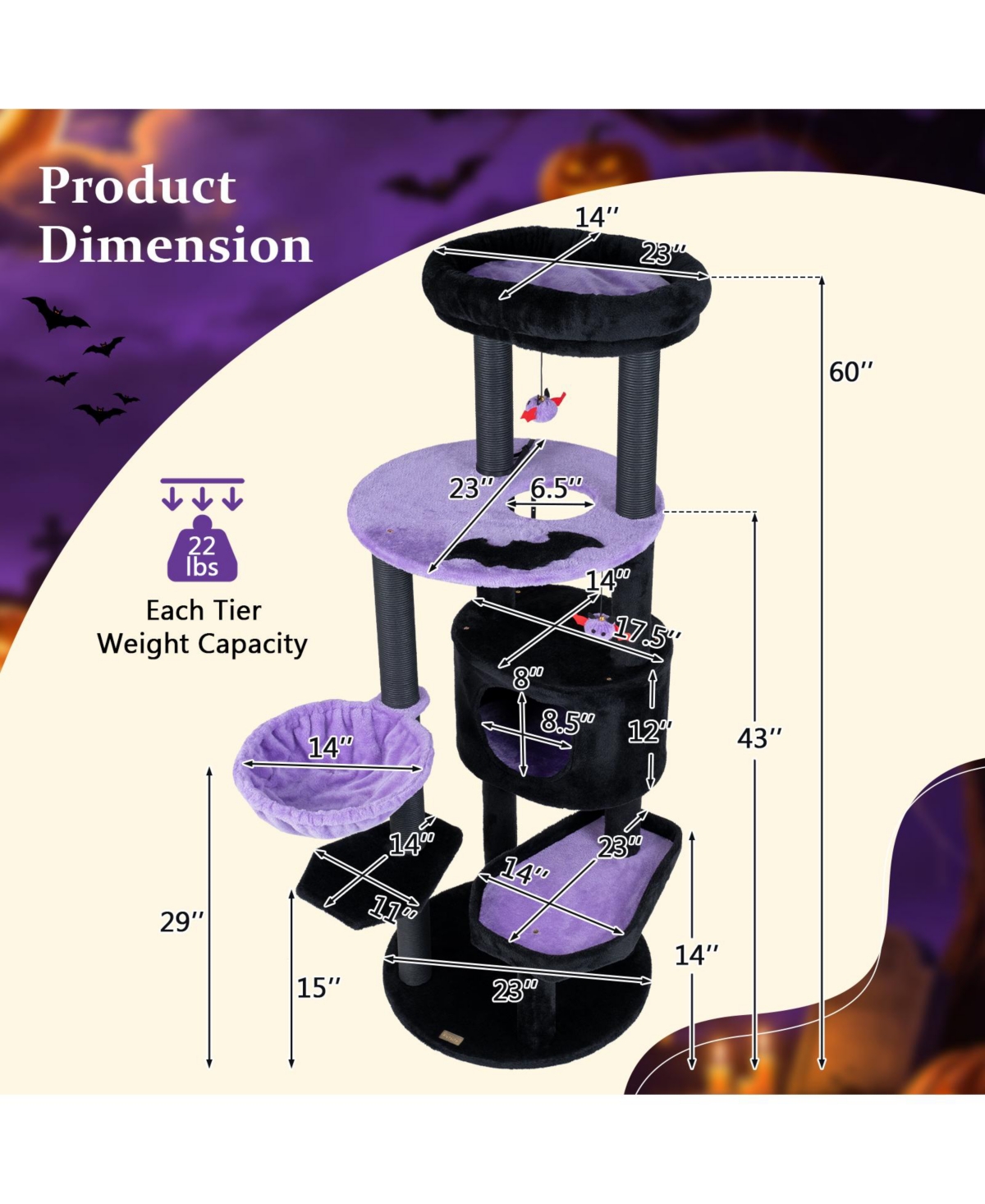 Gymax Gothic Cat Tree for Indoor Cats 60'' Cat Tower with Plush Perch Condo Hammock