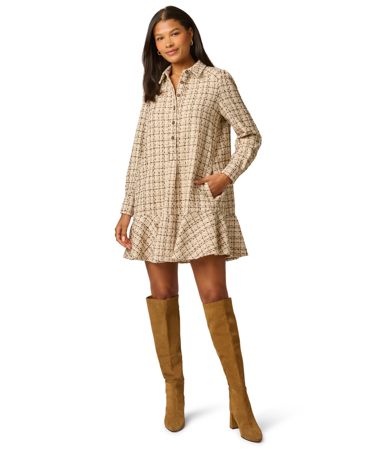 Женское платье Adrianna Papell Hailey Tweed Long-Sleeve Ruffled-Hem Shirt Dress, цвет: Parchment — фото 1