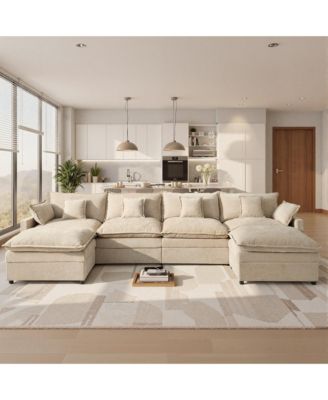 143" U-Shaped Modular Sectional Sofa with 2 Ottoman, Comfy Chenille Cloud Couch Deep Seat Sofa Bed with 6 Pillows for Living Room, 6-Seater