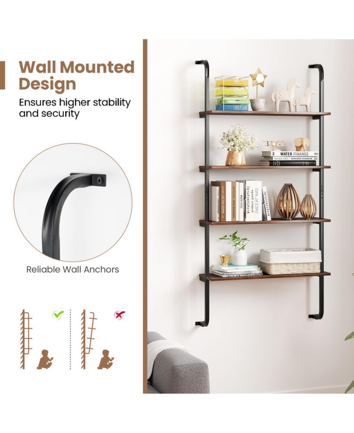Sugift 4-Tier Wall-Mounted Industrial Pipe Shelving with Metal Frame for Living Room and Kitchen