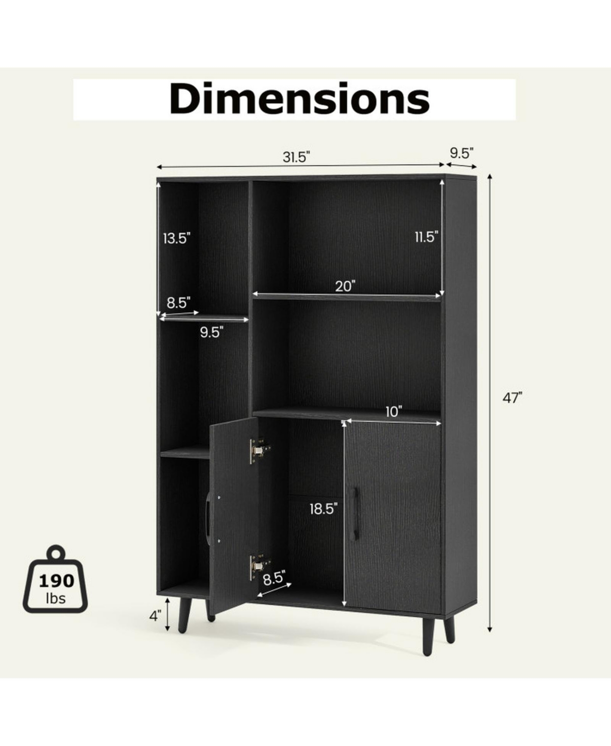 Sugift 47 Inch Floor Bookshelf with 5 Open Compartments and 2-Door Storage Cabinet