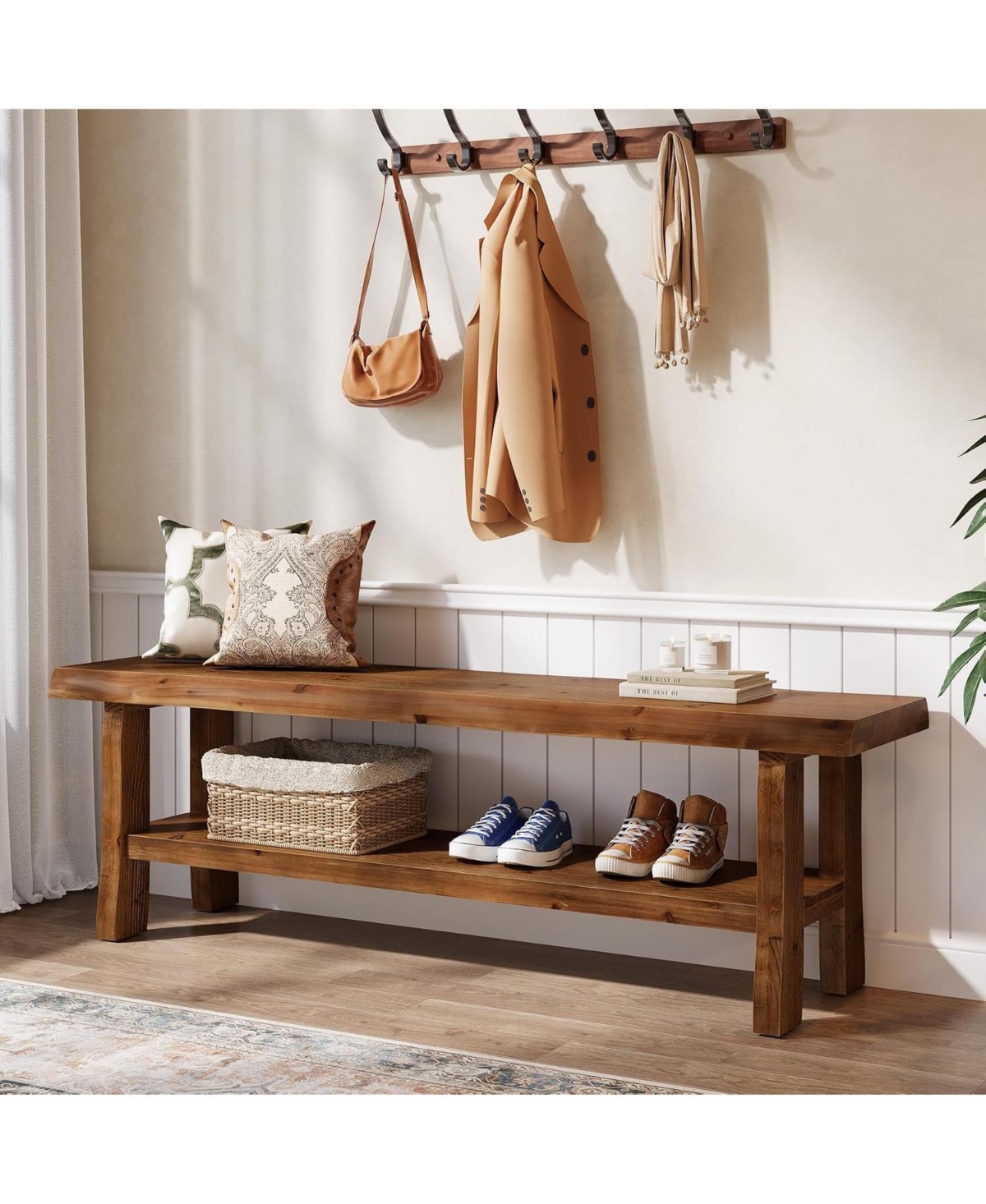 Tribesigns Solid Wood Shoe Storage Bench, 55-Inch Entryway Bench with Lower Shelf, Farmhouse End of Bed Stool or Bedroom, Living Room, Hallway